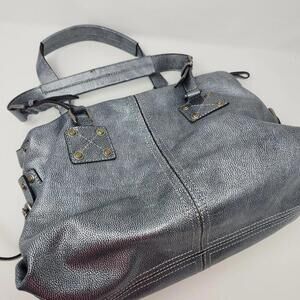 Hype Silver Metallic Double Handle Satchel Genuine Leather Bright Stripes Inside